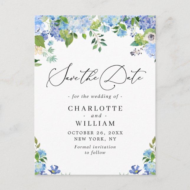 Elegant Blue Hydrangea Wedding QR Save the Date Postcard (Front)
