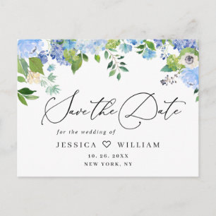 Elegant Blue Hydrangea Wedding Save the Date Postcard