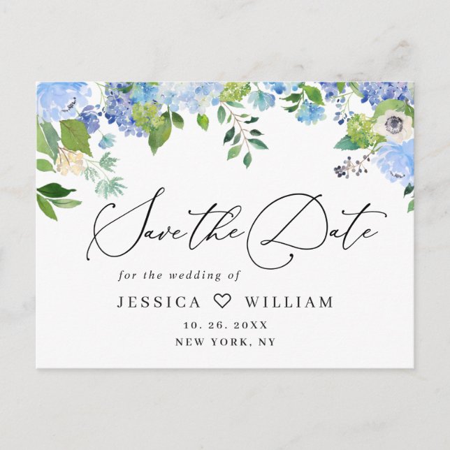 Elegant Blue Hydrangea Wedding Save the Date Postcard (Front)