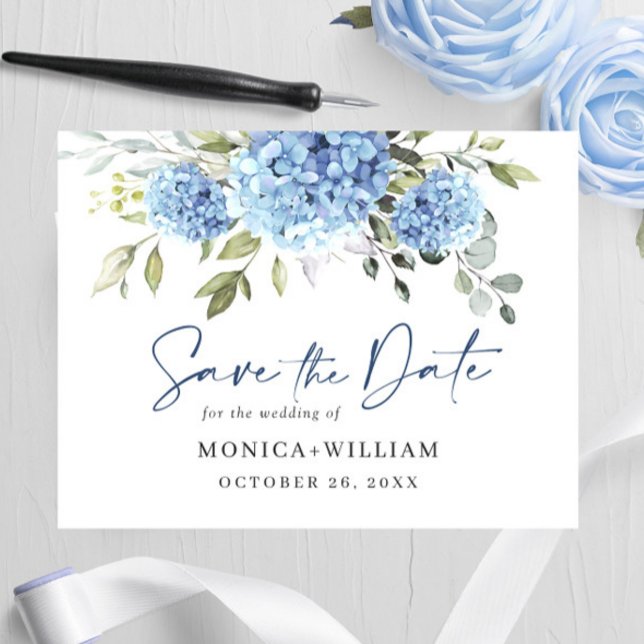 Elegant Blue Hydrangea Wedding Save the Date Postcard (Creator Uploaded)