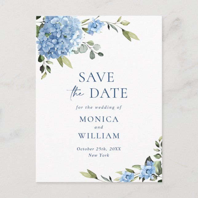 Elegant Blue Hydrangea Wedding Save the Date Postcard (Front)