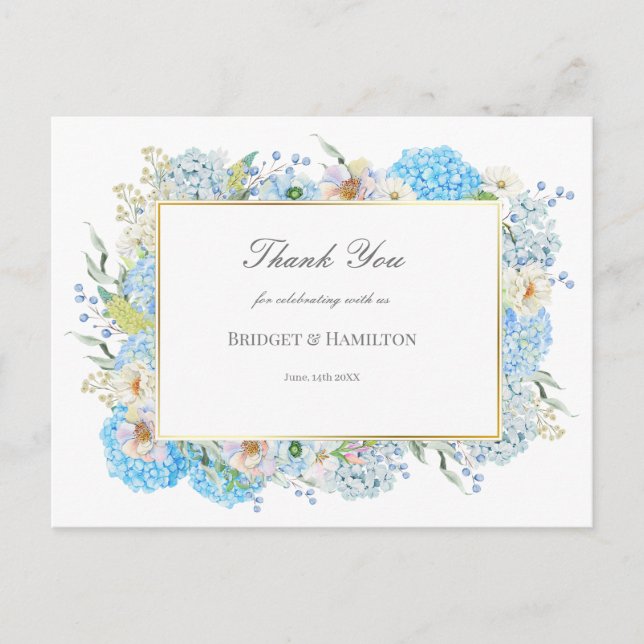 Elegant Blue Hydrangea  Wedding Thank you Postcard (Front)