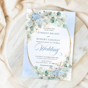 Elegant Blue Hydrangea Wheat Gold Oval Wedding Invitation