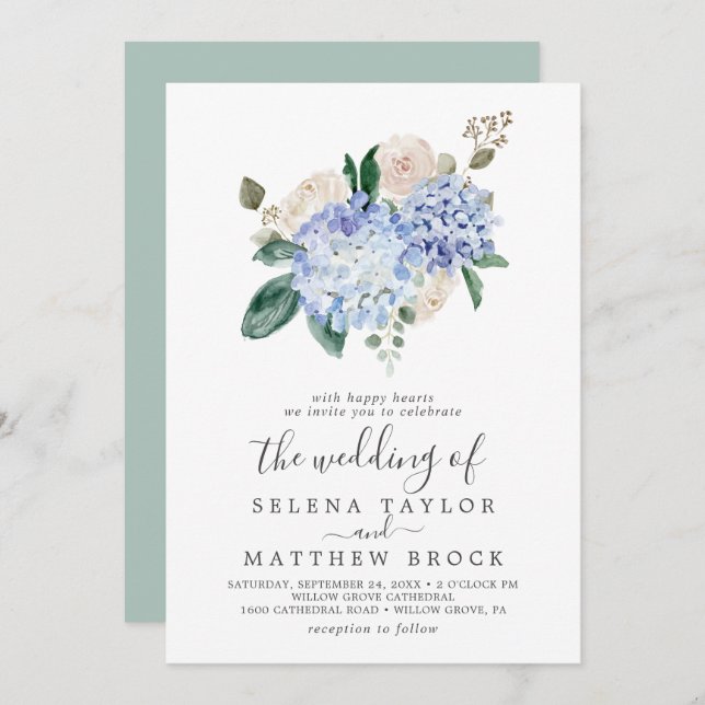 Elegant Blue Hydrangea | White All In One Wedding Invitation (Front/Back)