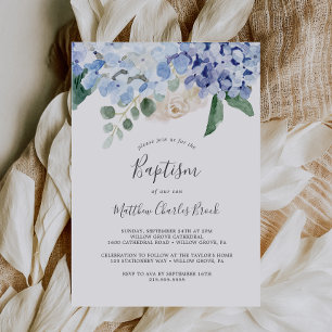 Elegant Blue Hydrangea   White Baptism Invitation