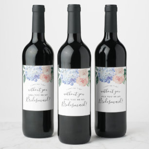 Elegant Blue Hydrangea   White Bridesmaid Proposal Wine Label