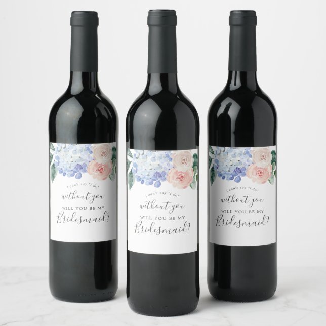 Elegant Blue Hydrangea | White Bridesmaid Proposal Wine Label (Bottles)