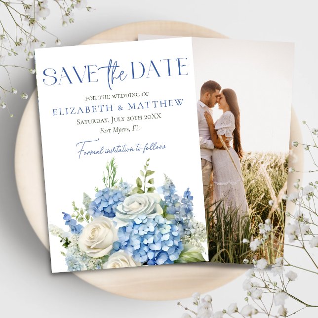 Elegant Blue Hydrangea White Florals Photo Wedding Save The Date (Creator Uploaded)