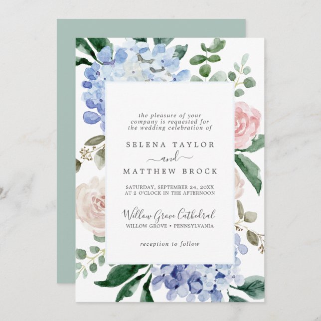 Elegant Blue Hydrangea | White Formal Wedding Invitation (Front/Back)