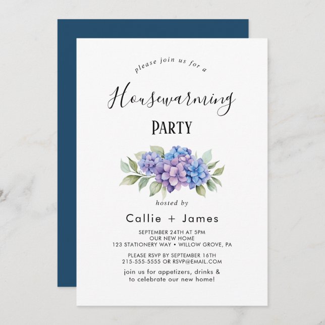 Elegant Blue Hydrangea | White Housewarming  Invitation (Front/Back)