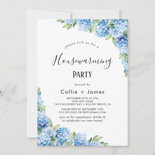 Elegant Blue Hydrangea | White Housewarming  Invitation (Front)