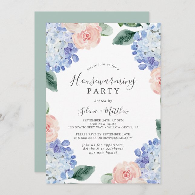 Elegant Blue Hydrangea | White Housewarming Party Invitation (Front/Back)