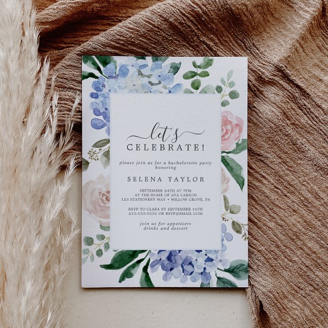 Elegant Blue Hydrangea | White Let's Celebrate Invitation (Creator Uploaded)