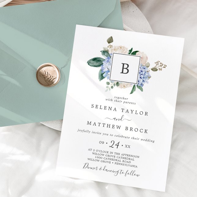 Elegant Blue Hydrangea | White Monogram Wedding Invitation (Creator Uploaded)