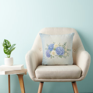 Elegant Blue Hydrangea & White Roses Floral Throw  Cushion