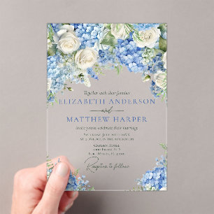 Elegant Blue Hydrangea White Roses Floral Wedding Acrylic Invitations