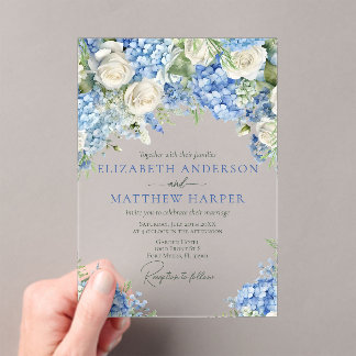 Elegant Blue Hydrangea White Roses Floral Wedding Acrylic Invitations