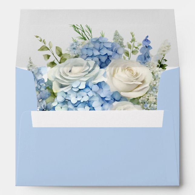 Elegant Blue Hydrangea White Roses Floral Wedding Envelope (Back (Bottom))