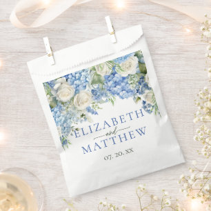 Elegant Blue Hydrangea White Roses Floral Wedding Favour Bag