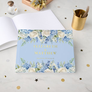Elegant Blue Hydrangea White Roses Floral Wedding Guest Book