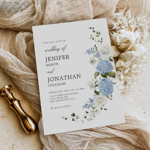 Elegant Blue Hydrangea White Roses Floral Wedding Invitation