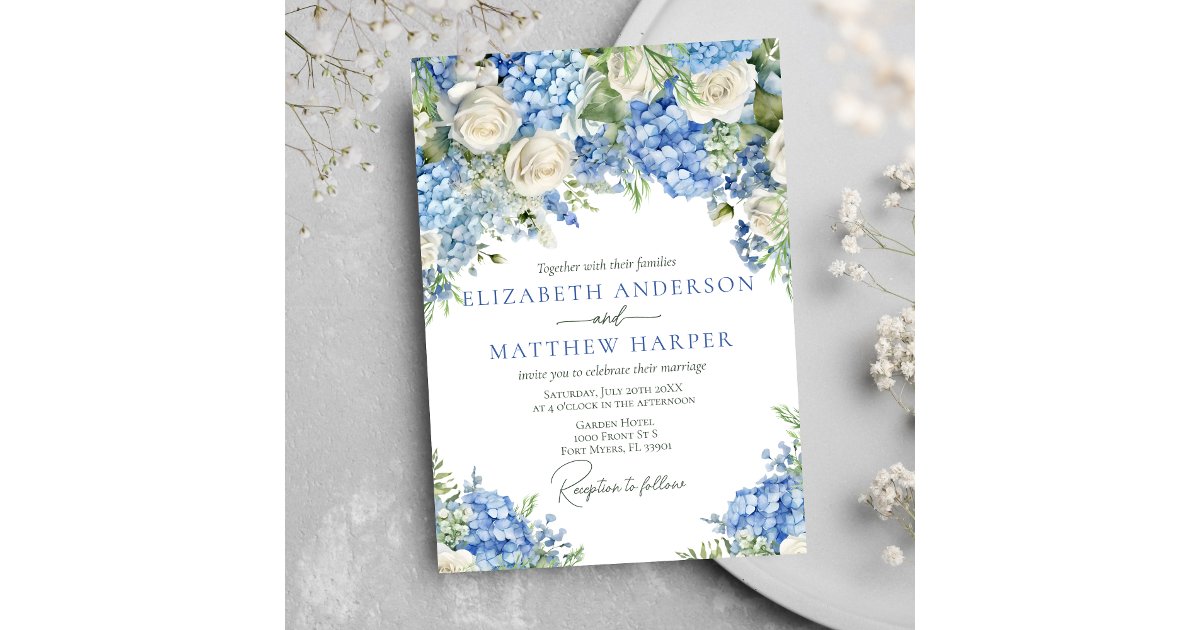 Elegant Blue Hydrangea White Roses Floral Wedding Invitation | Zazzle