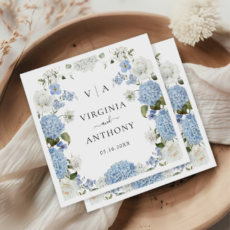 Elegant Blue Hydrangea White Roses Floral Wedding Napkin