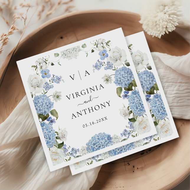 Elegant Blue Hydrangea White Roses Floral Wedding Napkin (Creator Uploaded)