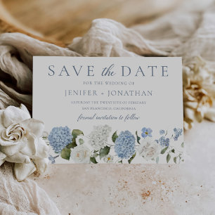 Elegant Blue Hydrangea White Roses Floral Wedding Save The Date