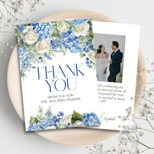 Elegant Blue Hydrangea White Roses Floral Wedding Thank You Card