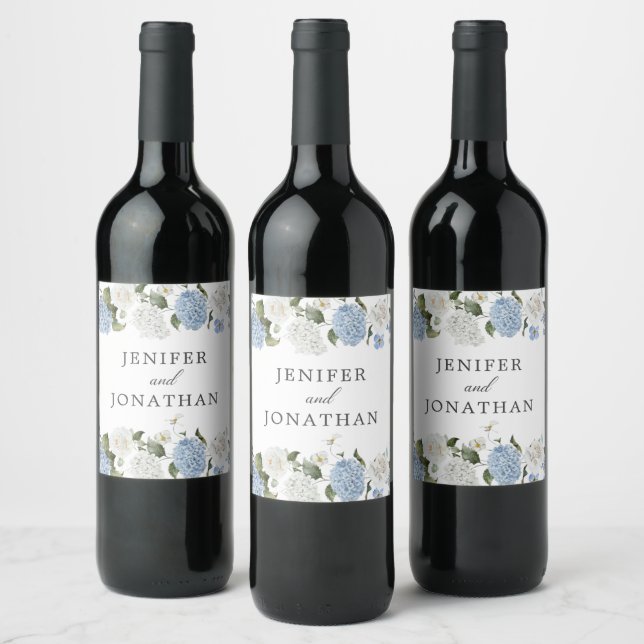 Elegant Blue Hydrangea White Roses Floral Wedding Wine Label (Bottles)