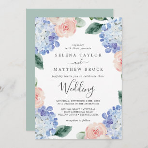 Elegant Blue Hydrangea White Wedding Invitation