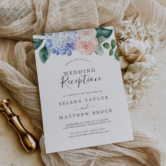 Elegant Blue Hydrangea | White Wedding Reception Invitation (Creator Uploaded)