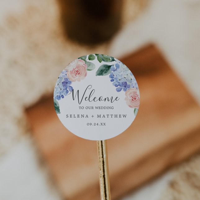 Elegant Blue Hydrangea | White Wedding Welcome Classic Round Sticker (Creator Uploaded)