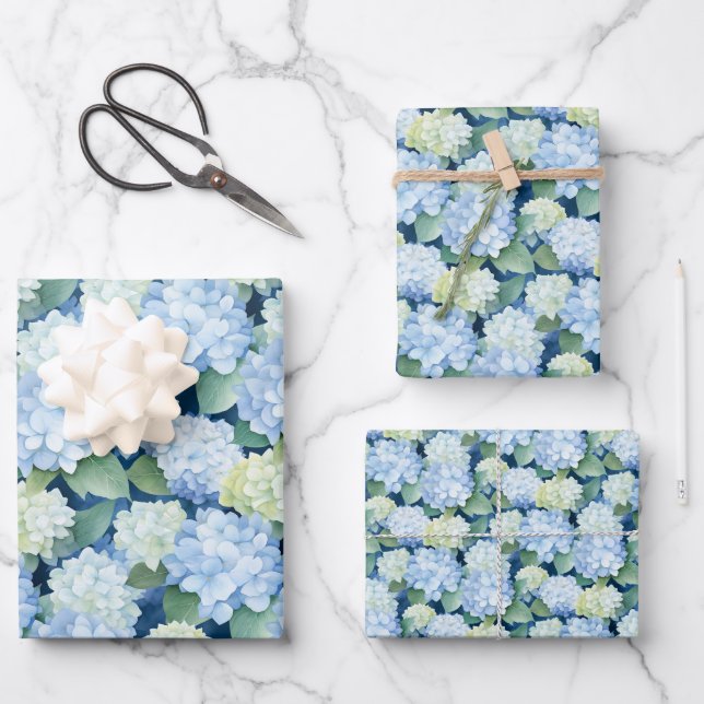 Elegant Blue Hydrangea Wrapping Paper Sheet (Front)