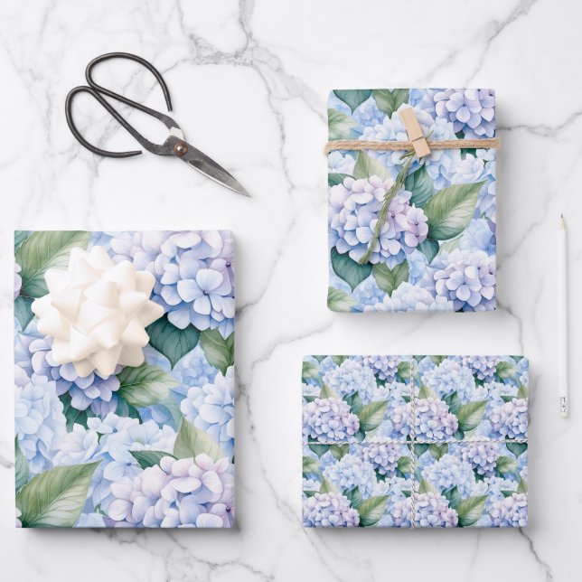 Elegant Blue Hydrangea Wrapping Paper Sheet (Front)