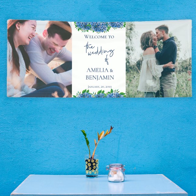 Elegant Blue Hydrangeas 2 Photo Wedding Welcome Banner (Creator Uploaded)