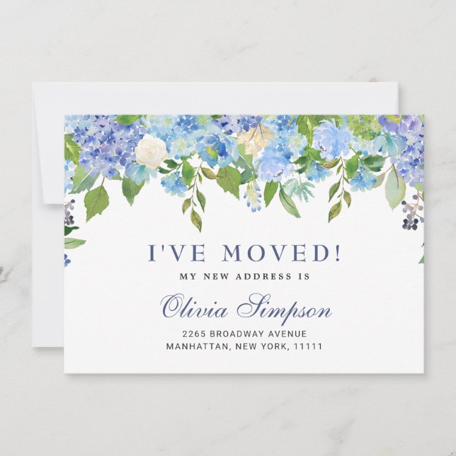 Elegant Blue Hydrangeas Floral Announcement Cards (Front)