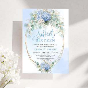 Elegant Blue Hydrangeas Gold Sweet Sixteen Invite