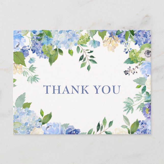 Elegant Blue Hydrangeas Greenery Thank You Postcard (Front)