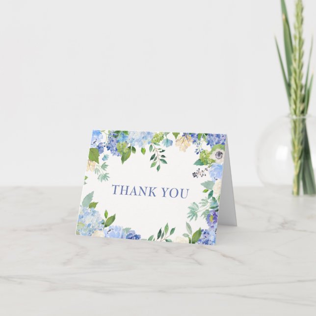 Elegant Blue Hydrangeas Greenery Watercolor Thank You Card (Front)