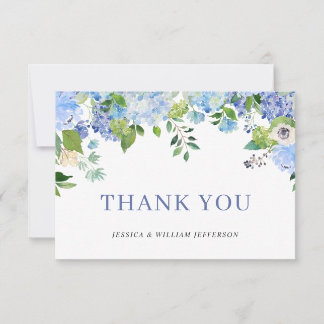 Elegant Blue Hydrangeas Greenery Wedding Floral Thank You Card (Front)