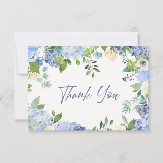 Elegant Blue Hydrangeas Greenery Wedding Floral Thank You Card (Front)