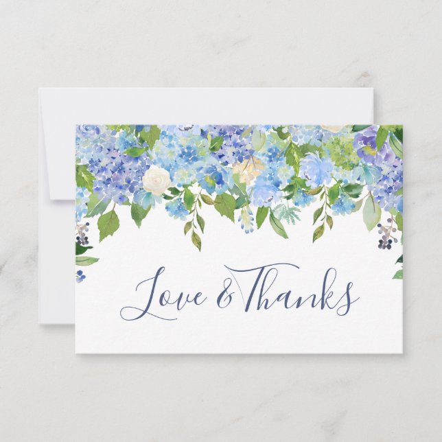 Elegant Blue Hydrangeas Greenery Wedding Floral Thank You Card (Front)