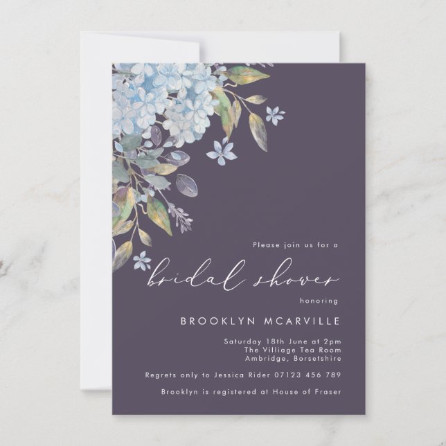 Elegant Blue Hydrangeas Navy Bridal Shower Invitation (Front)