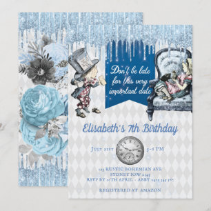 Elegant Blue Ice Alice in Wonderland Party Invitation