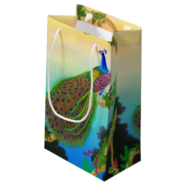 Elegant Blue Indian Peacock Gift Bag (Back Angled)