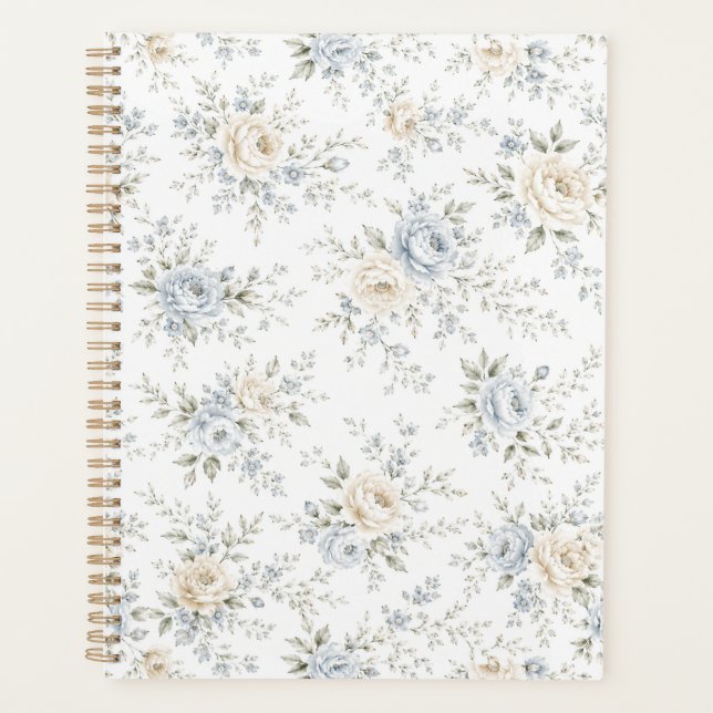 Elegant Blue & Ivory Floral Planner (Front)