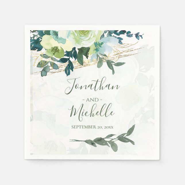 Elegant Blue Ivory Gold Turquoise Floral Wedding Napkin (Front)