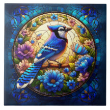 Elegant Blue Jay Stained Glass Nature-Inspired 